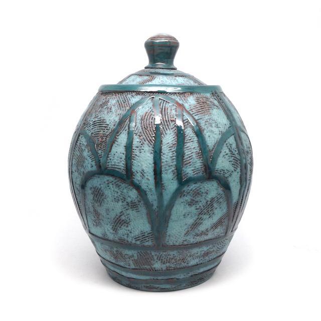 Blue lidded jar with textured and stamped details by Amy Sanders. Red earthenware, terra sigillata, patina, glaze - measures 6.5 x 6.5 x 9