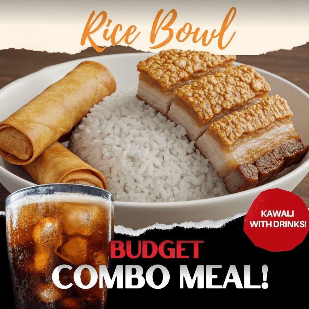 Rice Bowl 2 with Kawali, 2 Lumpia & Canned Soda