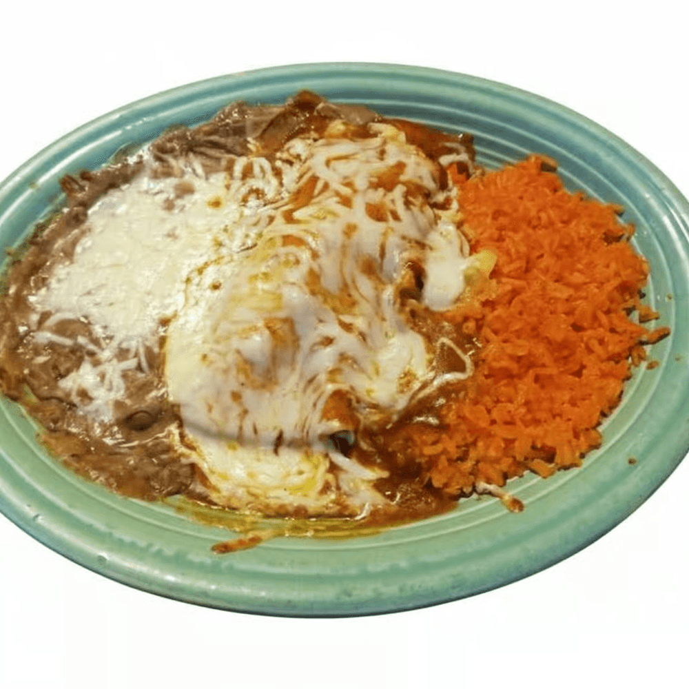 Two Chicken Enchiladas with Lettuce, Sour Cream, Rice & Beans