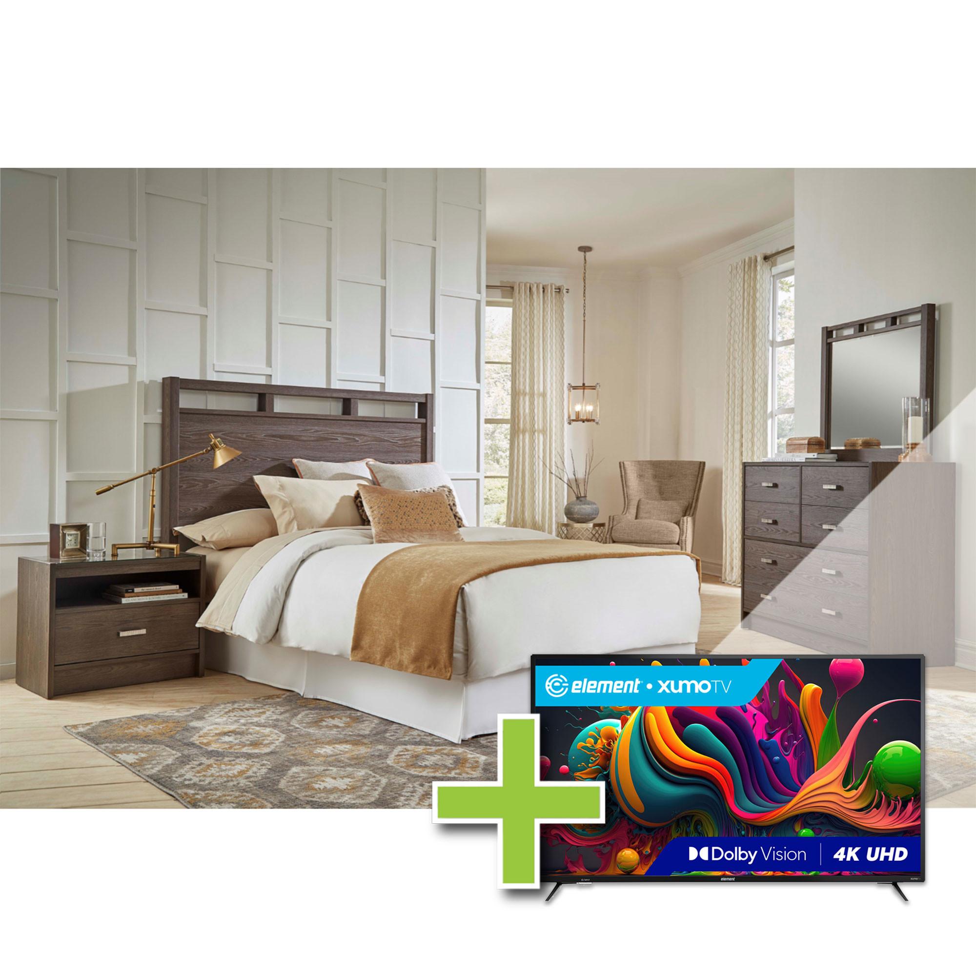 Queen Tobak Bed w/Element 55" TV, Dresser, Mirror, Nightstand