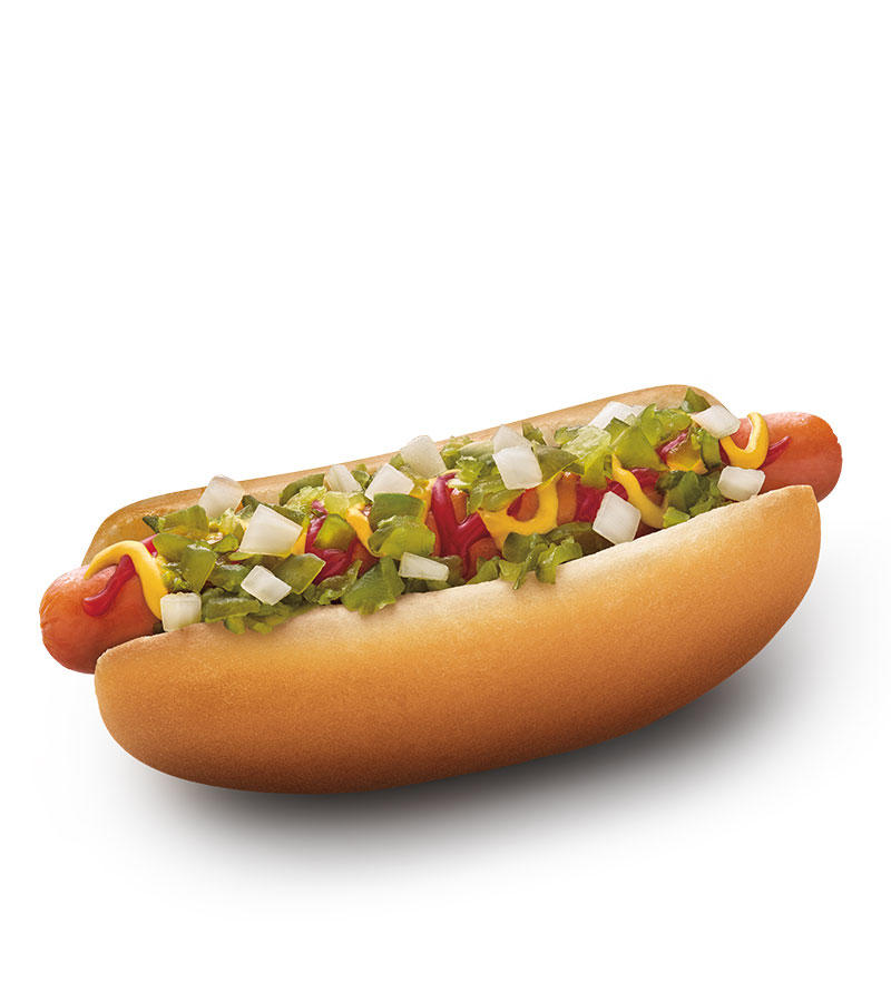 SONIC's Premium Beef All-American Dog's got it all. It's a beef hot dog made with 100% pure beef that's grilled to perfection and topped with ketchup, yellow mustard, relish and chopped onions and ser