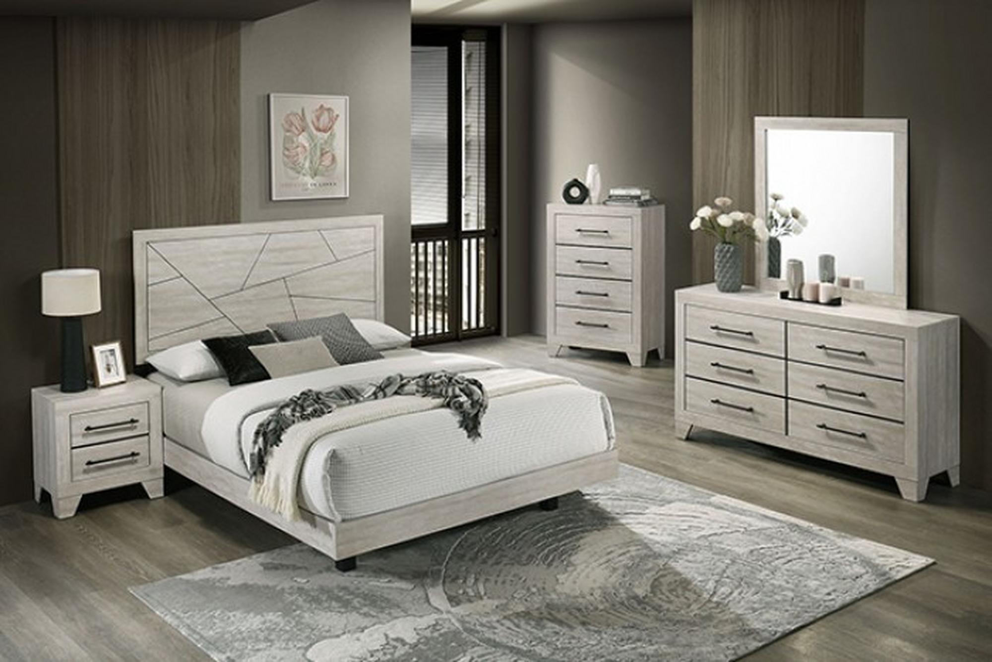 Dubuque Queen Bed w/ Nightstand, Dresser, & Mirror - Whitewash Gray