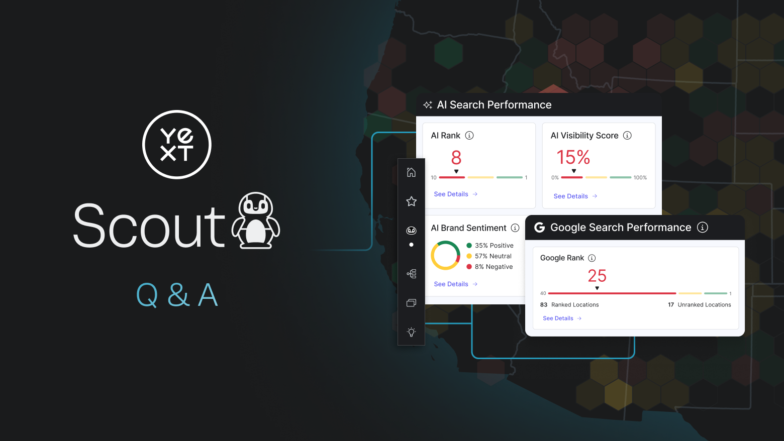 Yext Scout Q&A visual. The image features the Yext logo and the text “Scout Q&A” with a penguin bot icon. Overlaid UI panels showcase metrics from the Scout interface, including “AI Search Performance” with an AI Rank of 8 and an AI Visibility Score of 15%, “AI Brand Sentiment” showing 35% Positive, 57% Neutral, and 8% Negative sentiment, and “Google Search Performance” with a Google Rank of 25 across 83 ranked and 17 unranked locations. A dark hexagonal map background highlights geographic analysis.