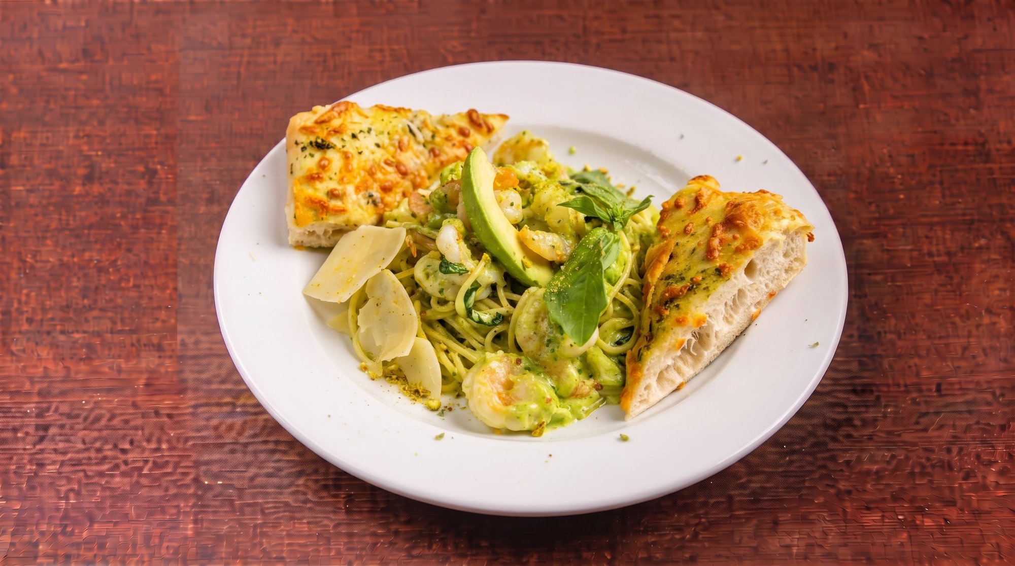 Spaghetti with Creamy Avocado, Pistachio Sauce & Shrimp