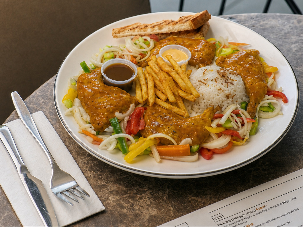 Eight 1/4 Leg & Thigh (With Fries Or Rice & Sauteed Onion, Tomato, Pepper) & Choice Of Sauce (Lem...