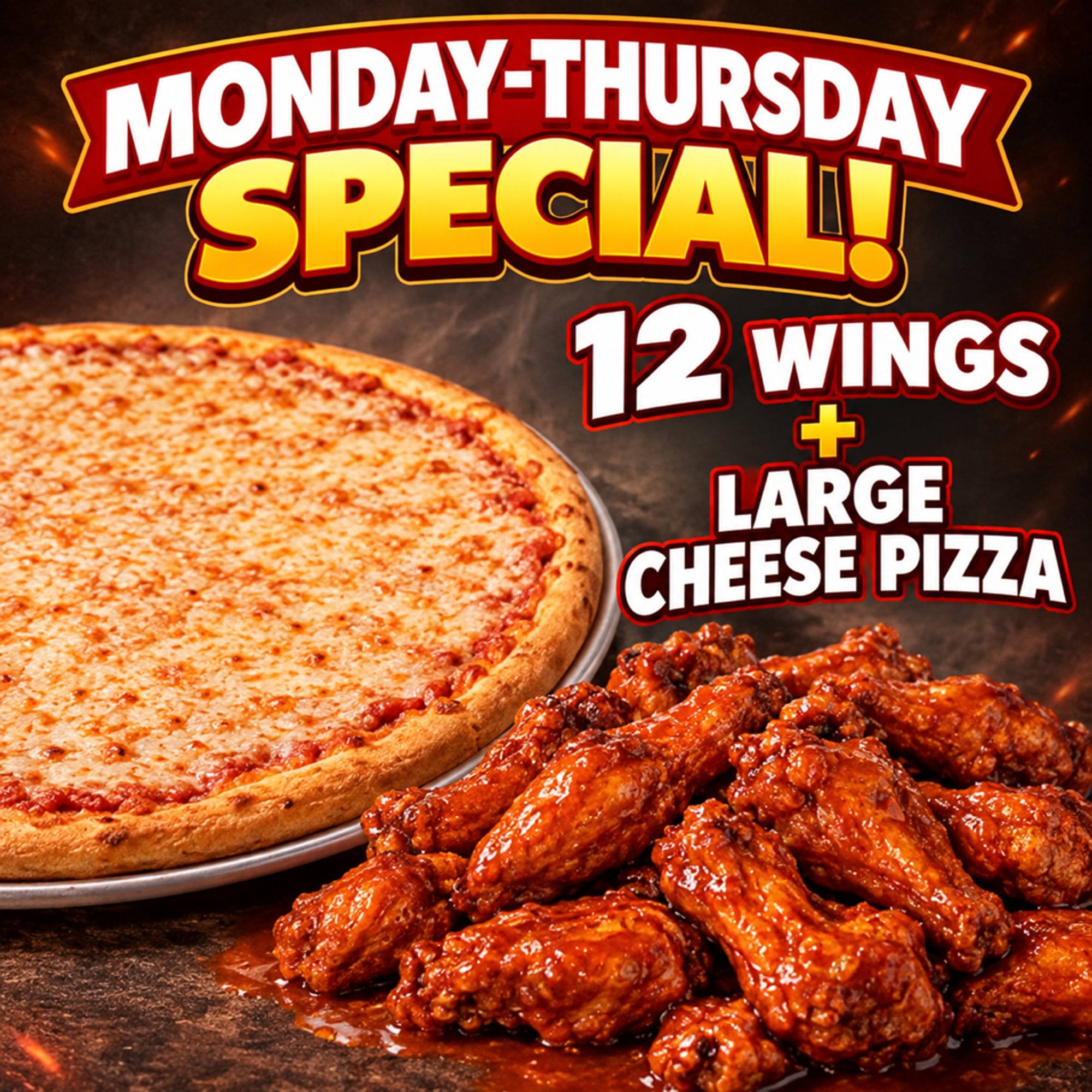 16” Cheese Pizza + 12 Wings