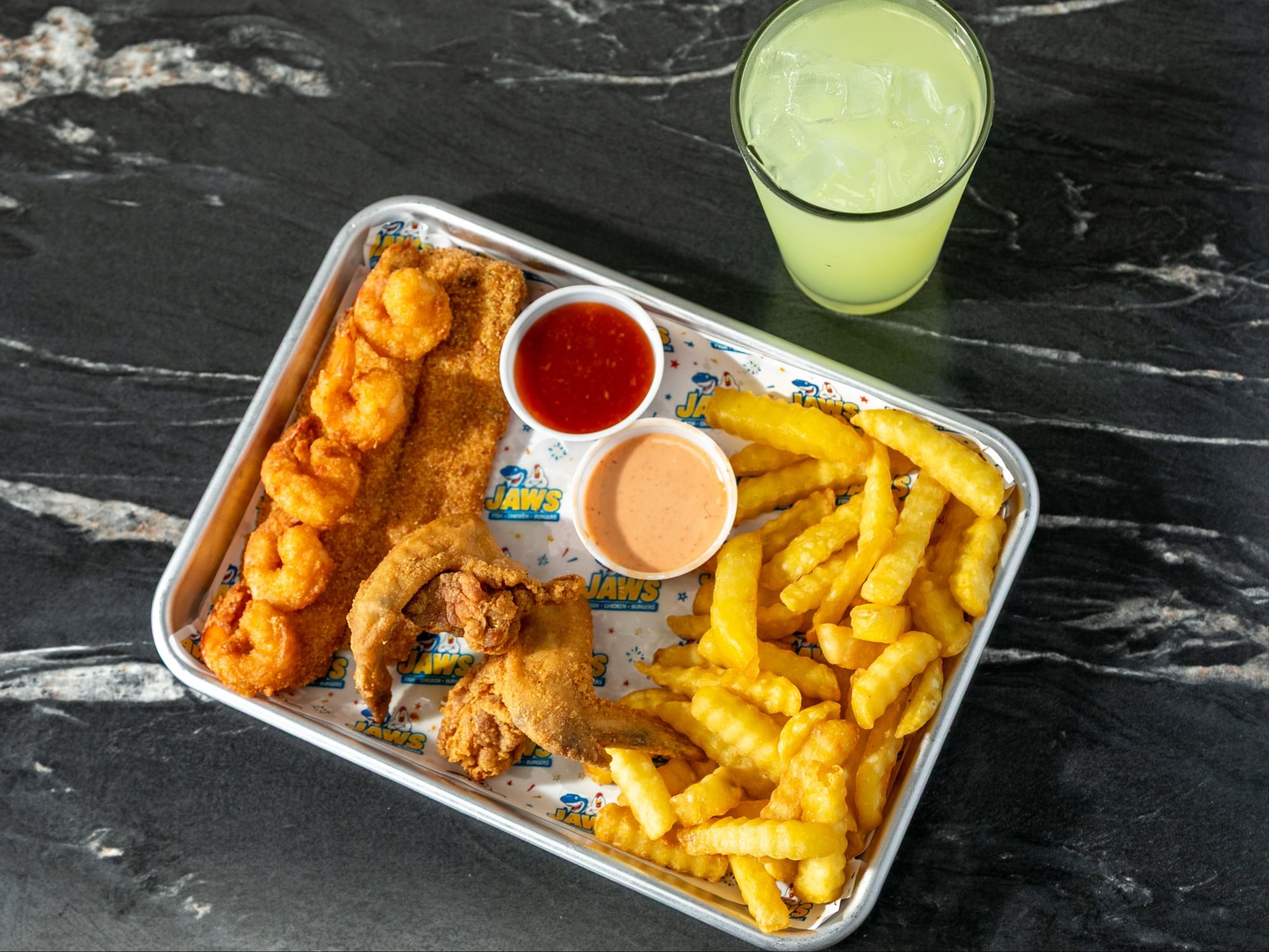 Combo #6: (1 Fish, 5pc Shrimp, & 2 Wings or Leg N' Thigh)