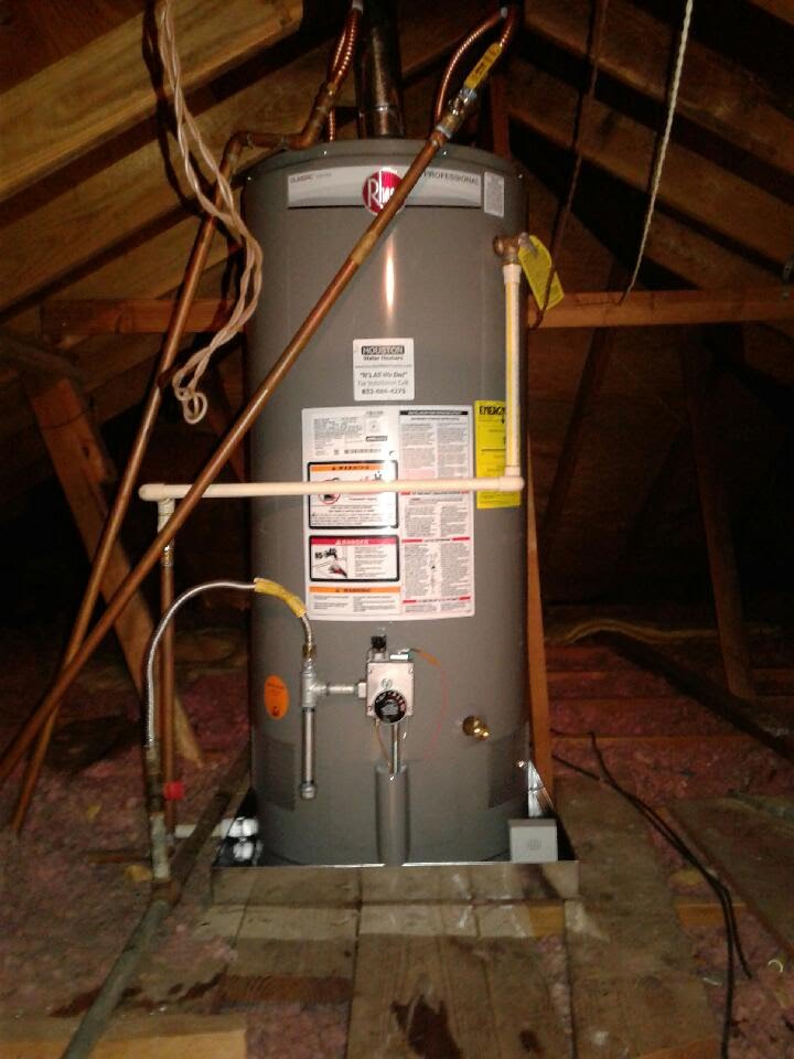 40 Gallon Natural Gas Short Rheem Professional Classic series PROG40S-38N RH62 water heater attic install by Houston Water Heaters