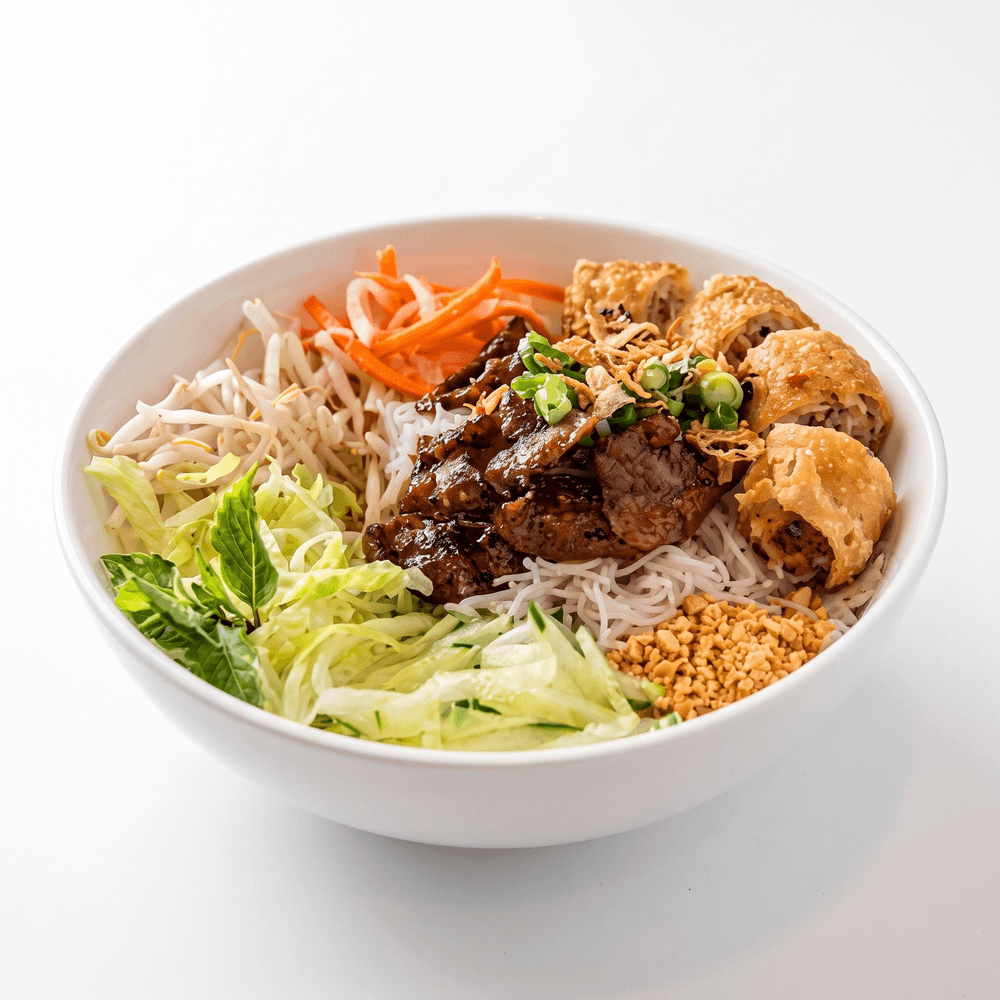 Rice Vermicelli with Charbroiled Pork Slices & Egg Rolls
