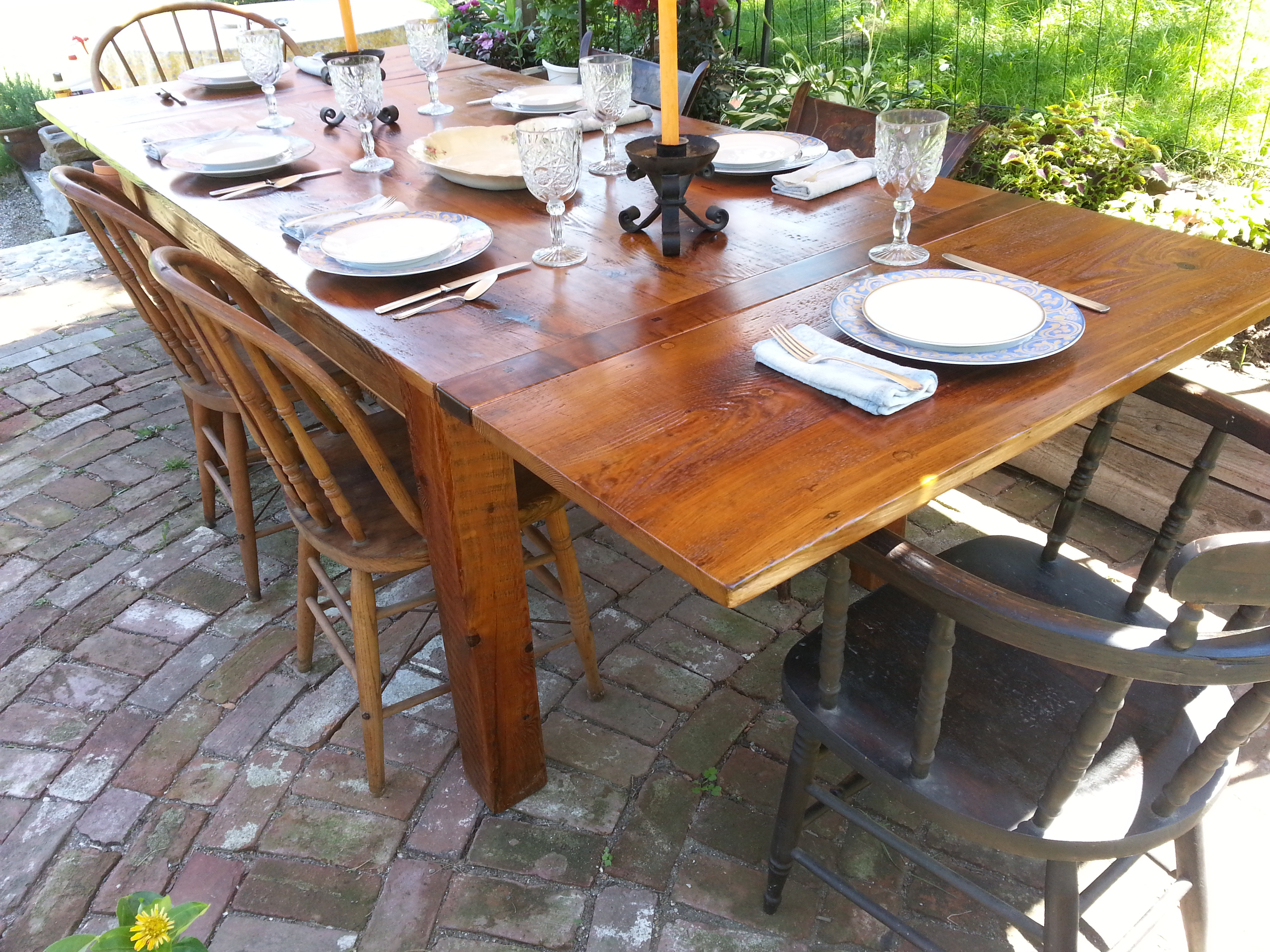 Handmade Farm Table in Reclaimed Fir with removable end leaves, Tiger Maple Bread Board Ends & Reclaimed Timber legs