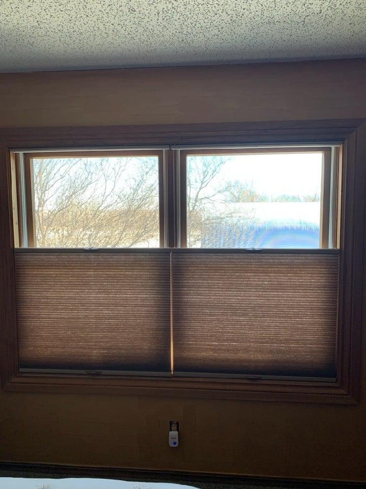 Dark leather, Top-down/ Bottom-up, cellular shades installed in Green River Wyoming by Budget Blinds of Rock Springs.