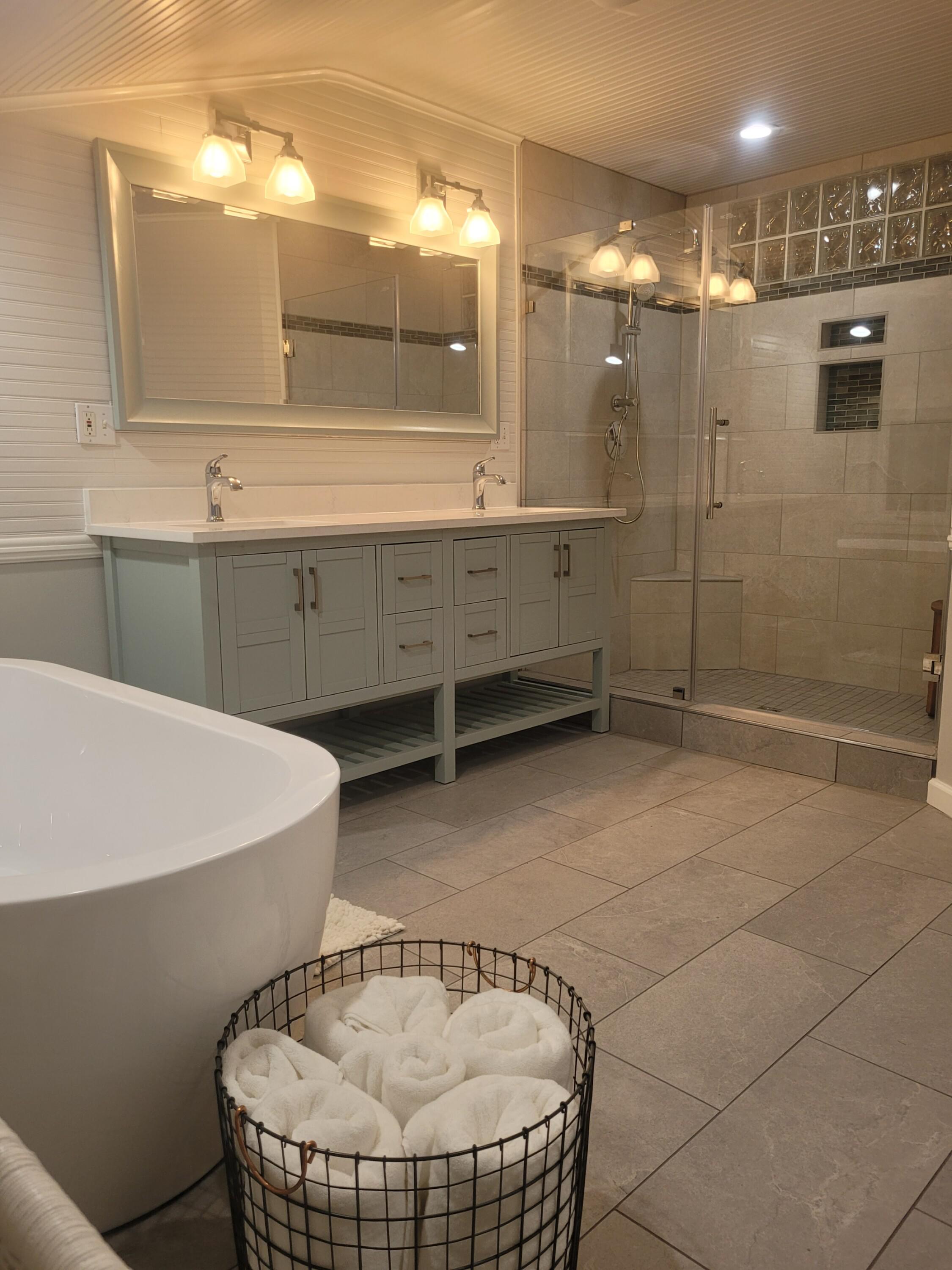 Bathroom Remodel with Custom Painted Vanity, Quartz Countertop and Custom Tiled Shower