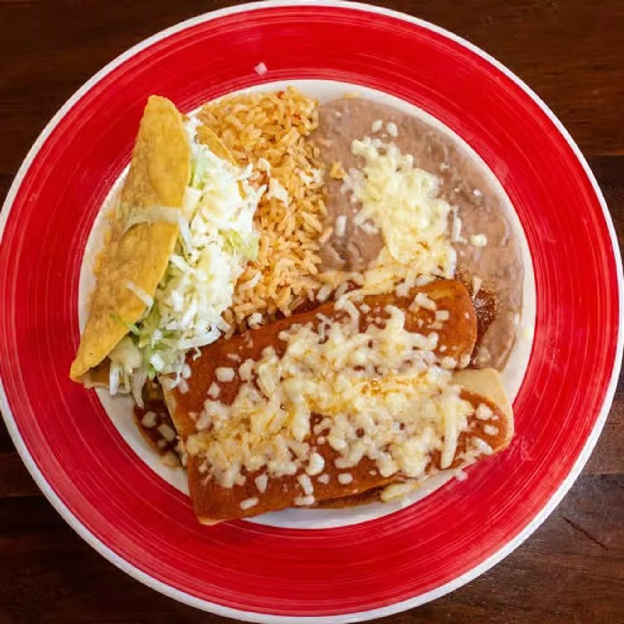 Two Enchiladas, Taco, Rice, and Beans