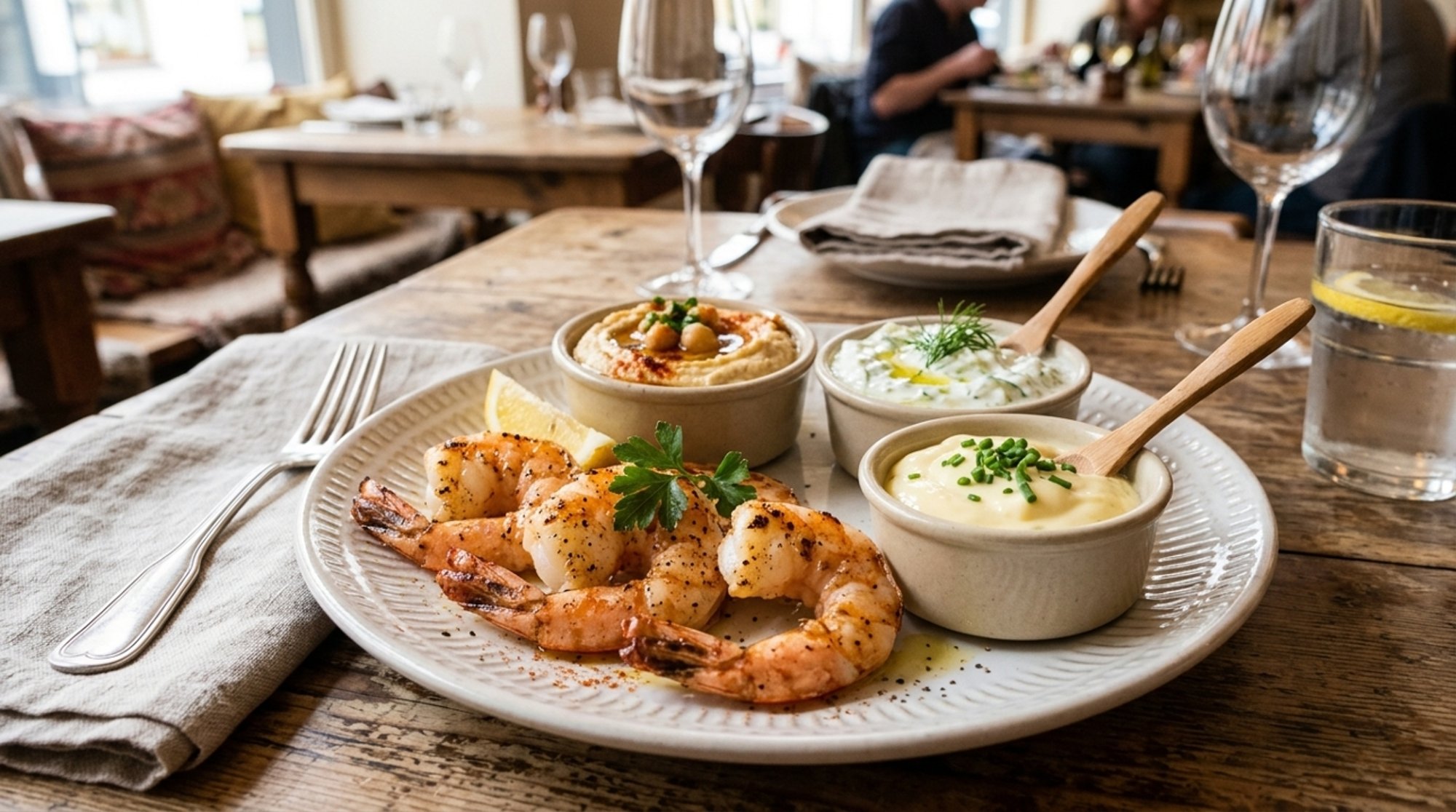 SHRIMP (4) with Hummus or Tzatziki Spread