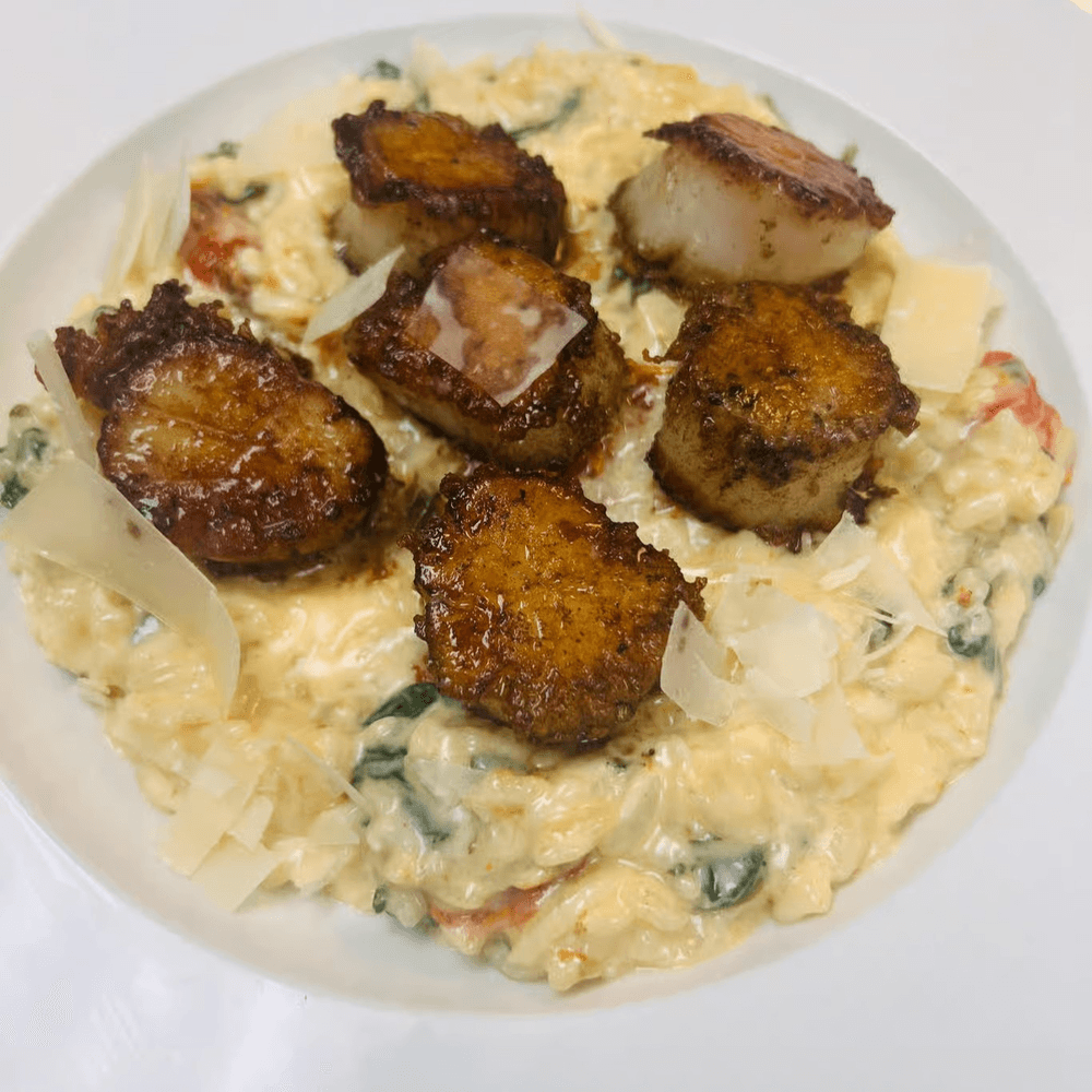 Parm Crusted Scallops Over Risotto
