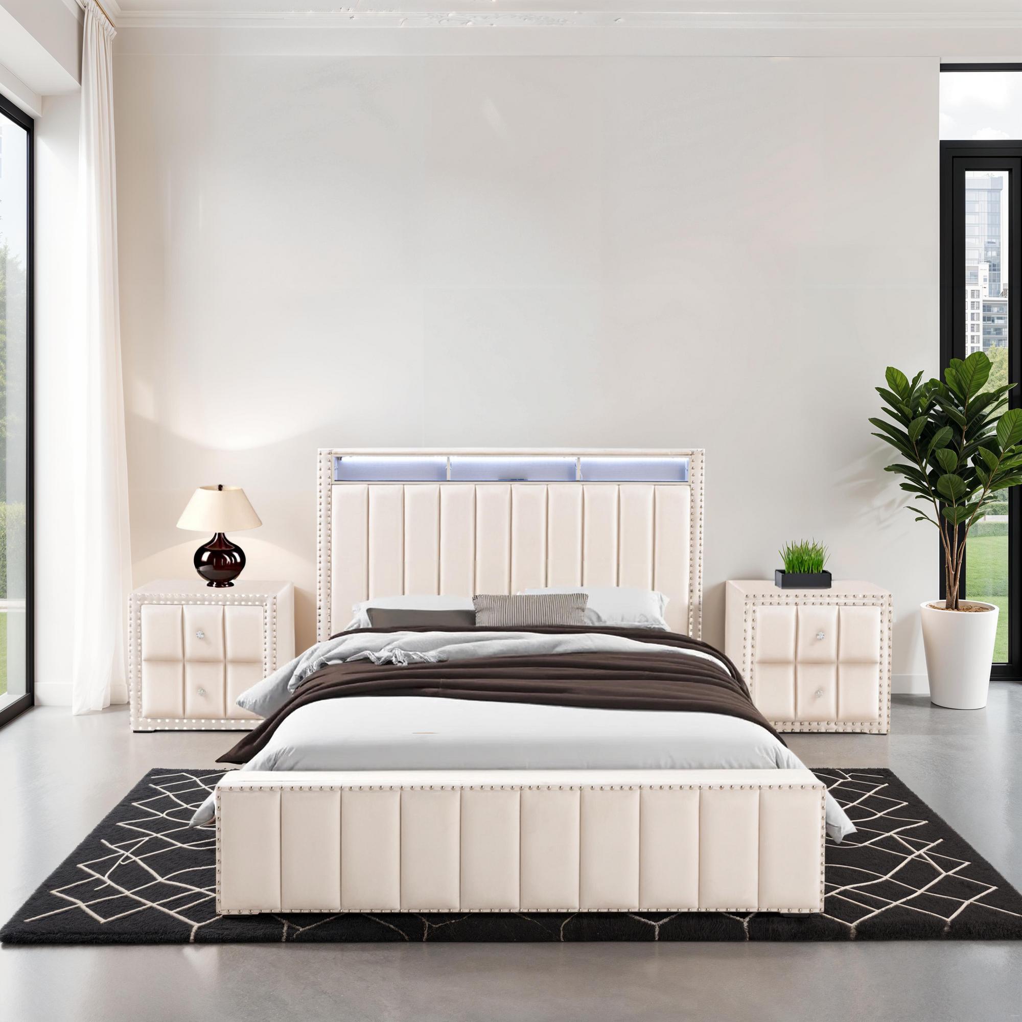 Queen Farese Bed w/2 Nightstands - Beige