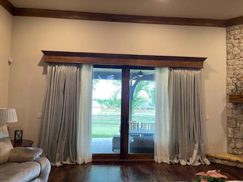 You know what makes satin Drapes so much fun? You can use them to create almost a waterfall effect! Check out the way they cascade over these doors in this Owasso home!  BudgetBlindsOwasso  OwassoOK  CustomDraperies  FreeConsultation  WindowWednesday