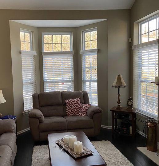 No living room is complete without elegant window treatments. This High Bridge, NJ home looks super cozy and gets just enough light with new Wood Blinds!  BudgetBlindsPhillipsburg  WoodBlinds  BlindedByBeauty  FreeConsultation  WindowWednesday  HighBridgeNJ