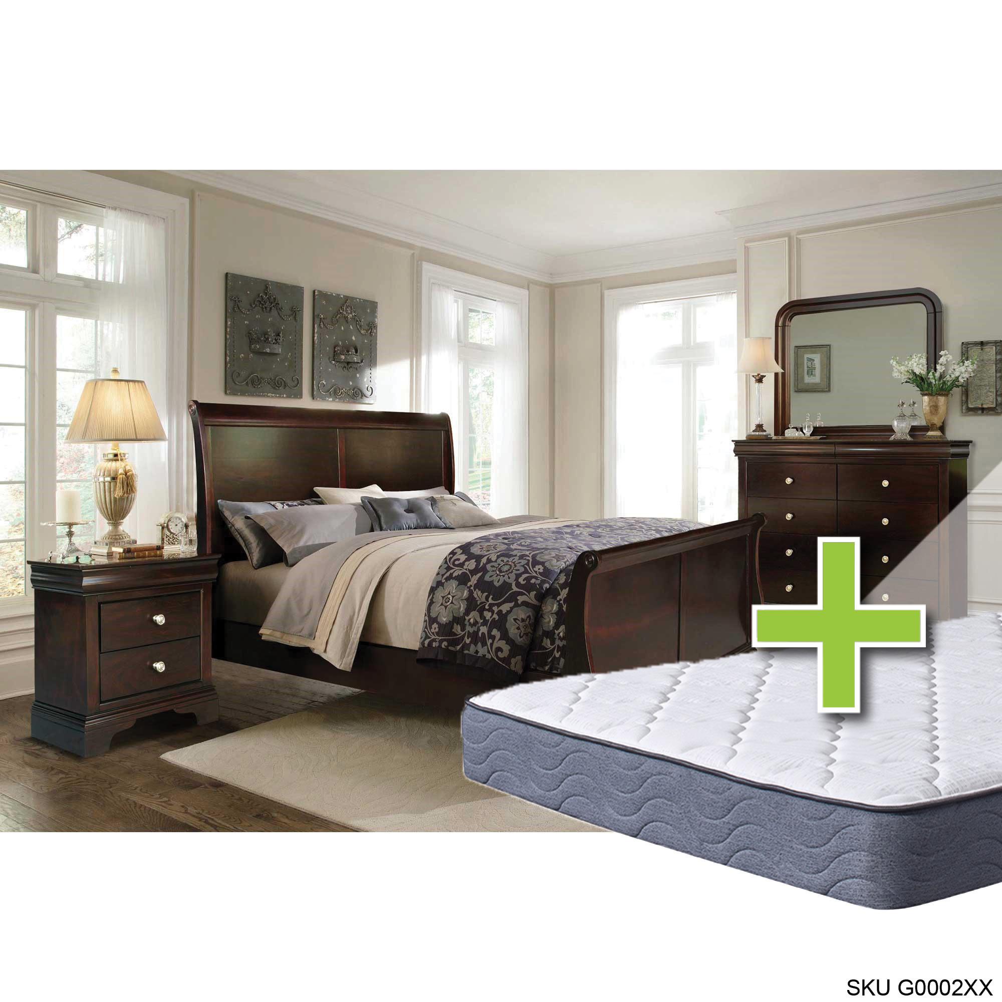 Queen Dominique Bed w/9.5" Tight Top Extra Firm Memory Foam Mattress & Dresser, Mirror, Nightstand