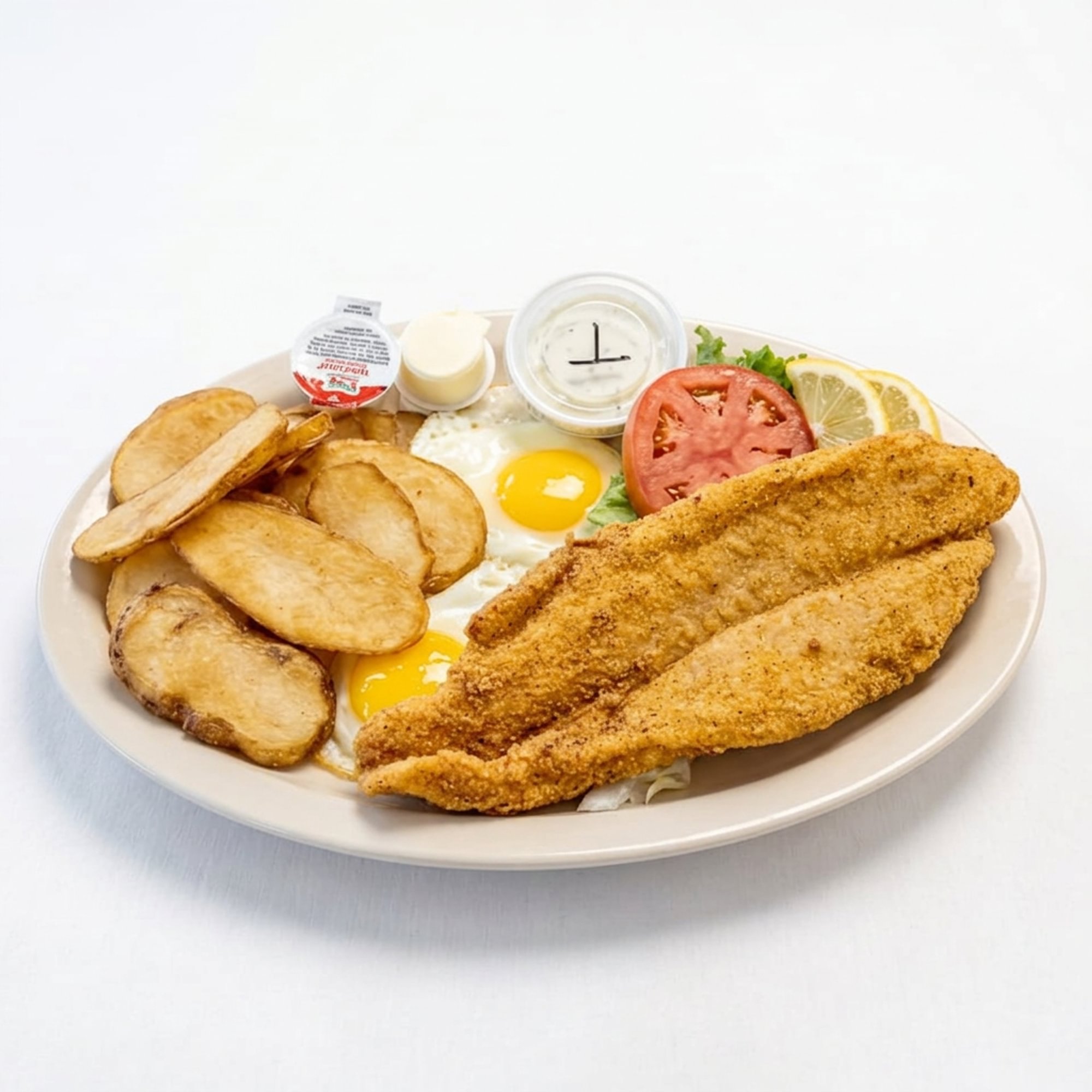 Two Eggs with Hand Breaded Filet of Catfish