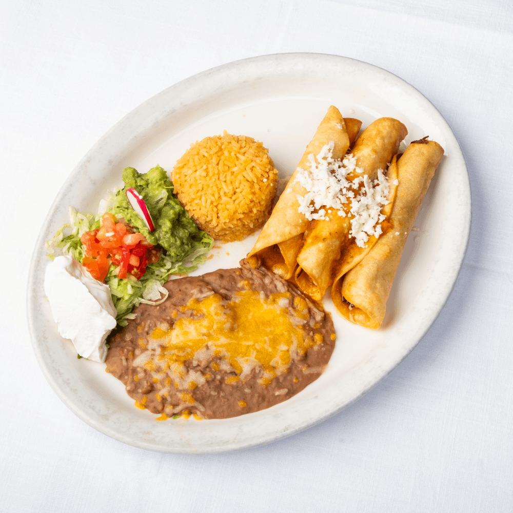 Flautas Dinner (3 pieces, with Rice & Beans)