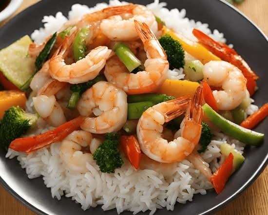 Steamed Rice w/ Stir Fried Shrimp & Veg.