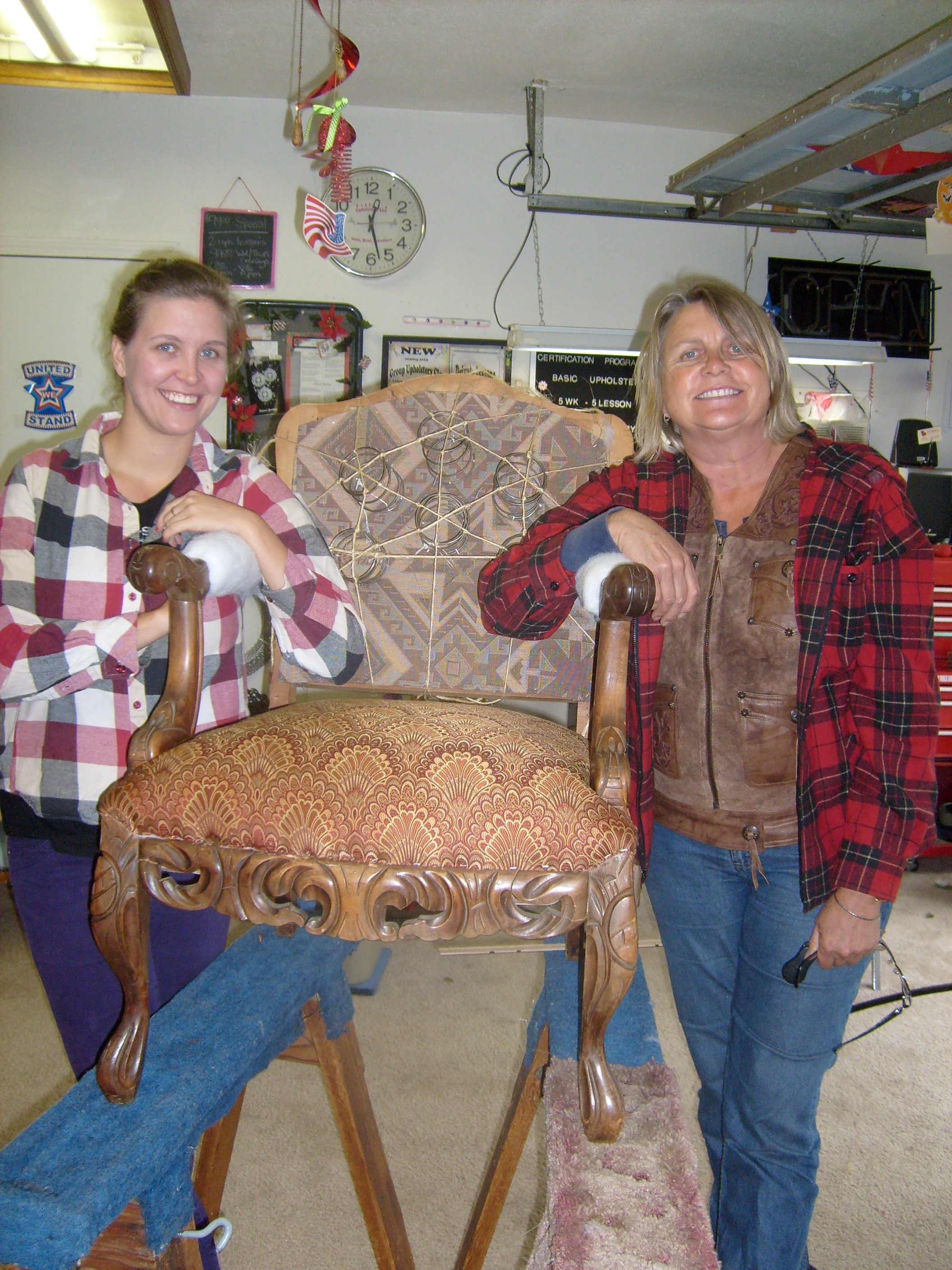 Daughter & Mother taking Custom Upholstery lesson. These lady's have a house full of antique furniture  to re-upholster.