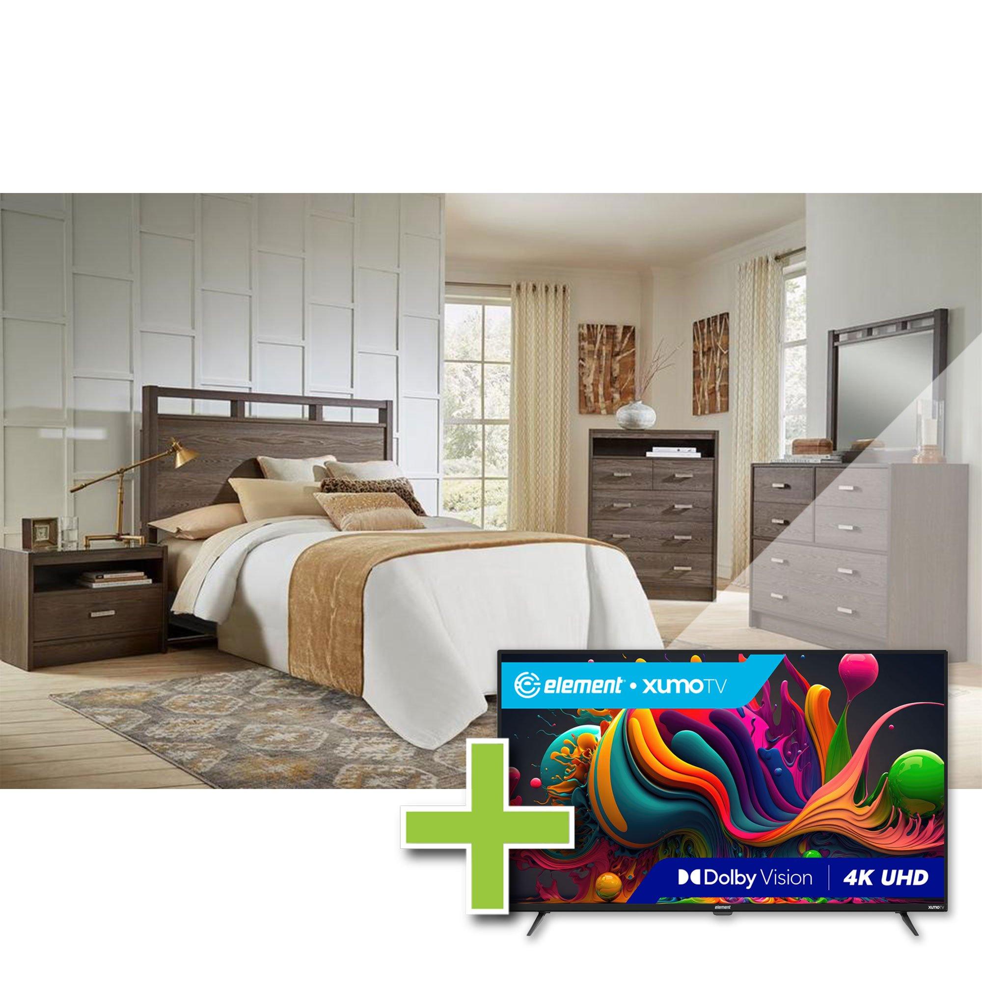 Queen Tobak Bed w/Chest, Dresser, Mirror, Nightstand + 50" Element TV
