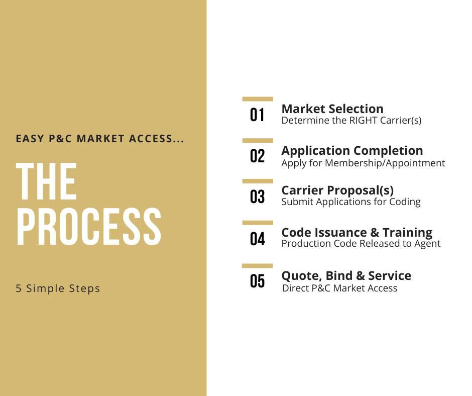 You are 5 Steps Away from Direct Market Access! Here is the process: 1. Market Selection 2. Application Completion 3. Carrier Proposal(s) 4. Code Issuance & Training 5. Quote, Bind & Service. It's easy!  TheAppointmentProcess  PandCAppointments See less