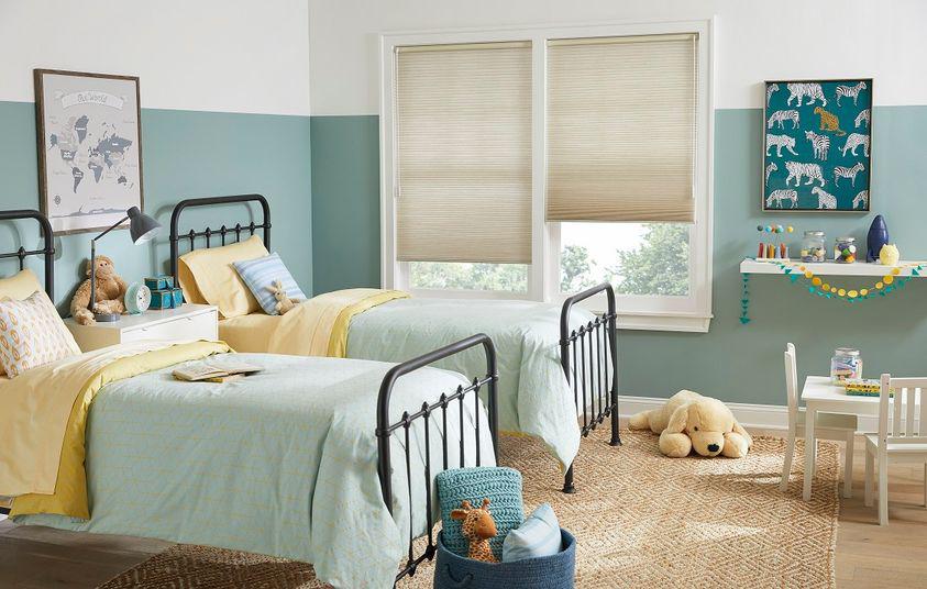 Give me some of that honey! Wow! These Honeycomb Shades in this children's bedroom in Mission Beach are to die for. They create such a warm atmosphere - we wish we had this bedroom growing up!  BudgetBlindsPointLoma  FreeConsultation  WindowWednesday  HoneycombShades