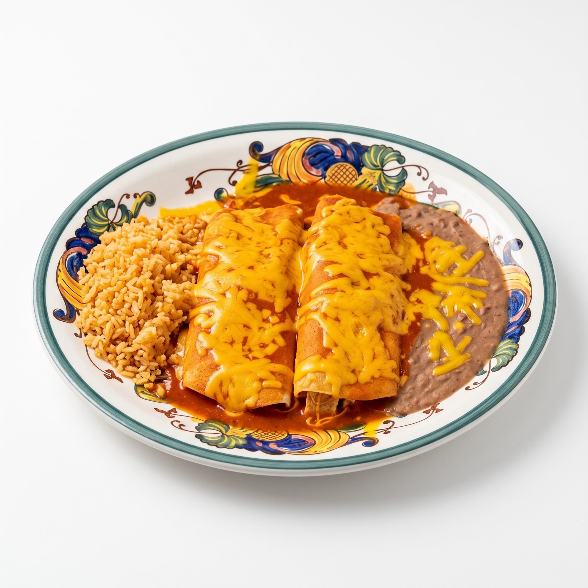 TWO ENCHILADAS, RICE AND BEANS