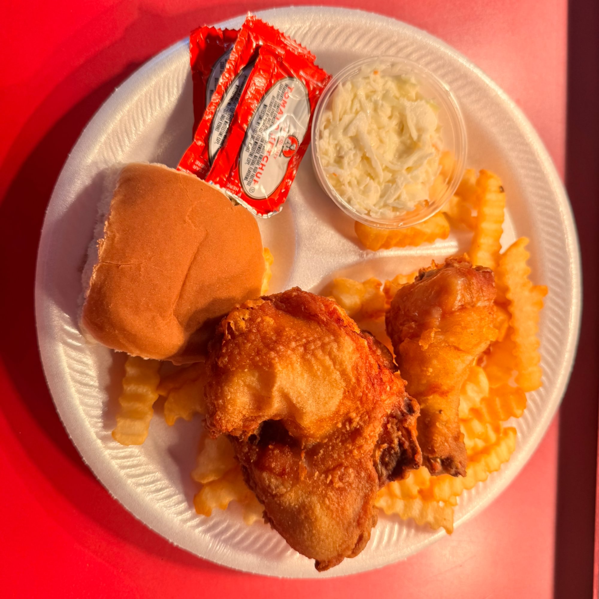 2 PC 1 Breast 1 Leg Dinner Includes Fries, slaw & Roll