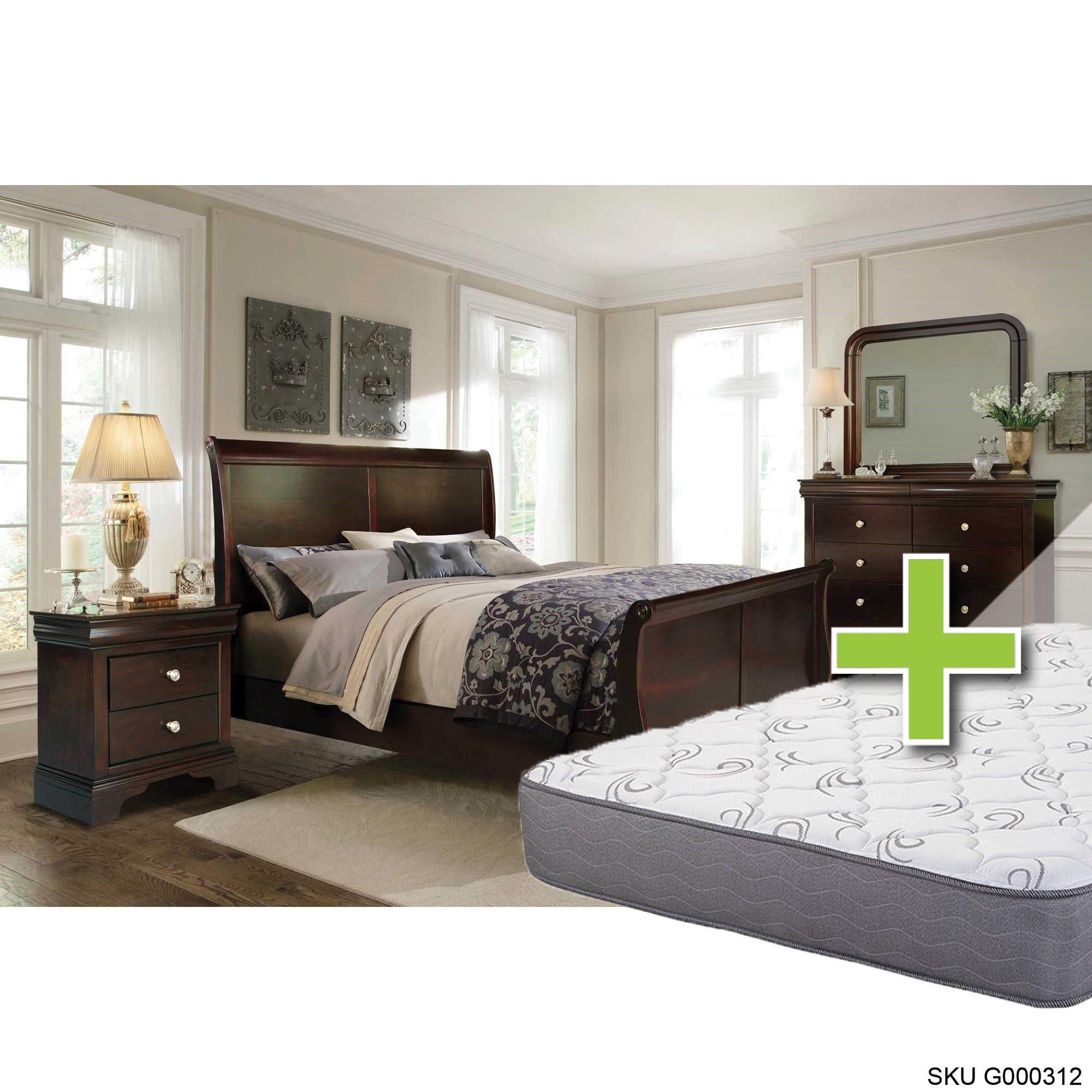 Queen Dominique Bed w/9.5" Tight Top Med. Memory Foam Mattress & Chest, Dresser, Mirror, Nightstand