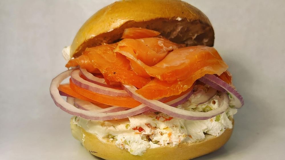 Sliced Nova Lox with Cream Cheese on a Bagel