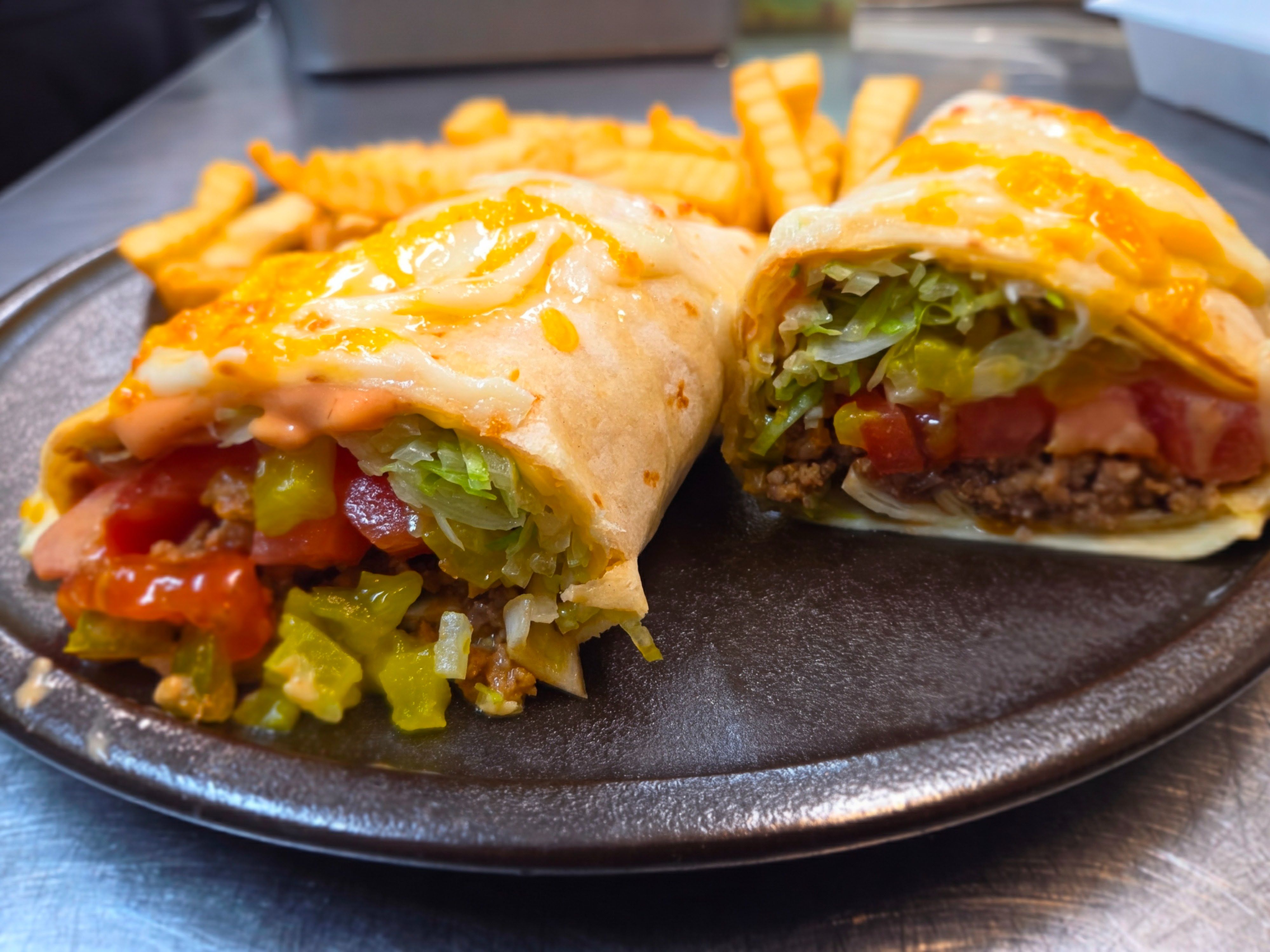 Big Mac Wrap With Ground Hamburger, Lettuce, Tomato, Cheese, Pickle, Onion And Burger Sauce