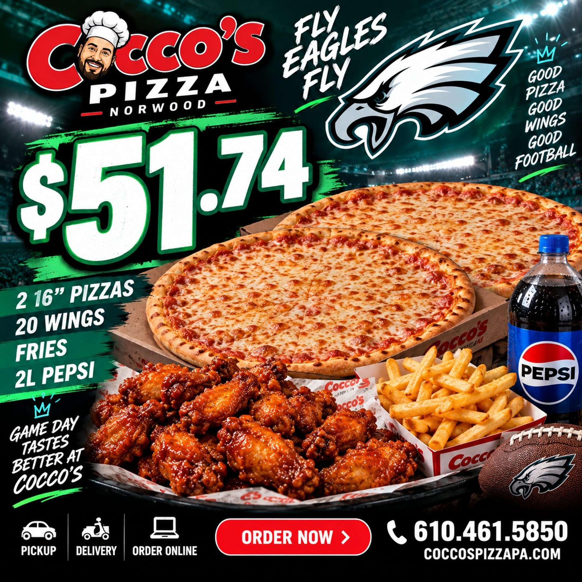 2 Large Cheese Pizza, 20 Wings, Fries & Soda