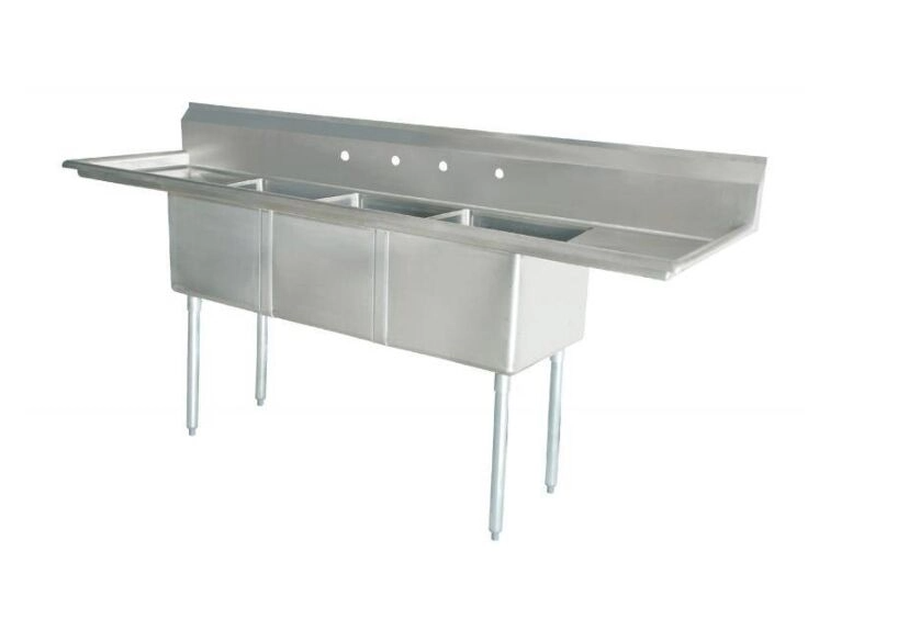Zanduco 120" 18-Gauge Three Compartment Stainless Steel Sink with 3.5" Center Drain and Two Drain Bo