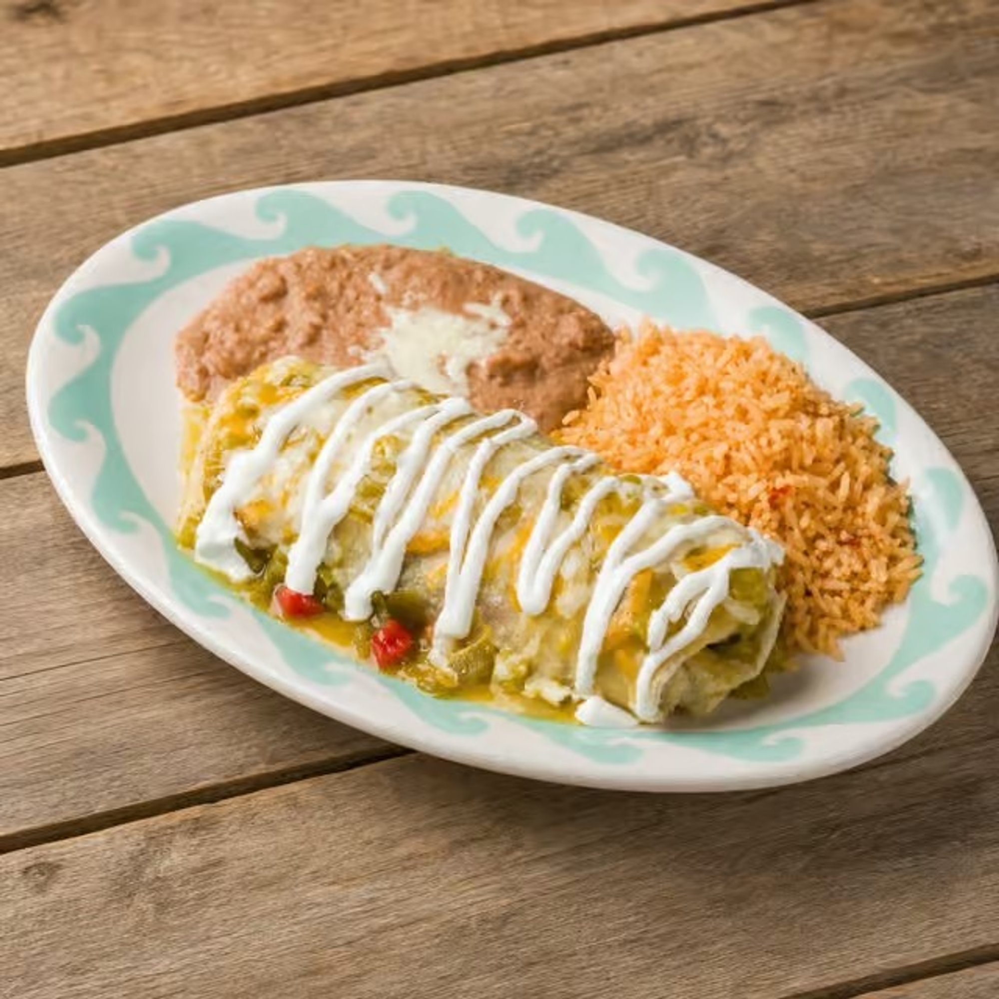 Beef Enchilada, Cheese Enchilada, Rice & Beans
