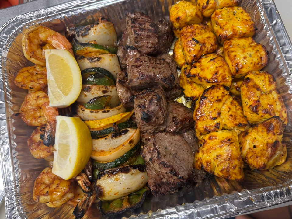 Extra Meat platter - Chicken shrimp & Steak kabob skewers
