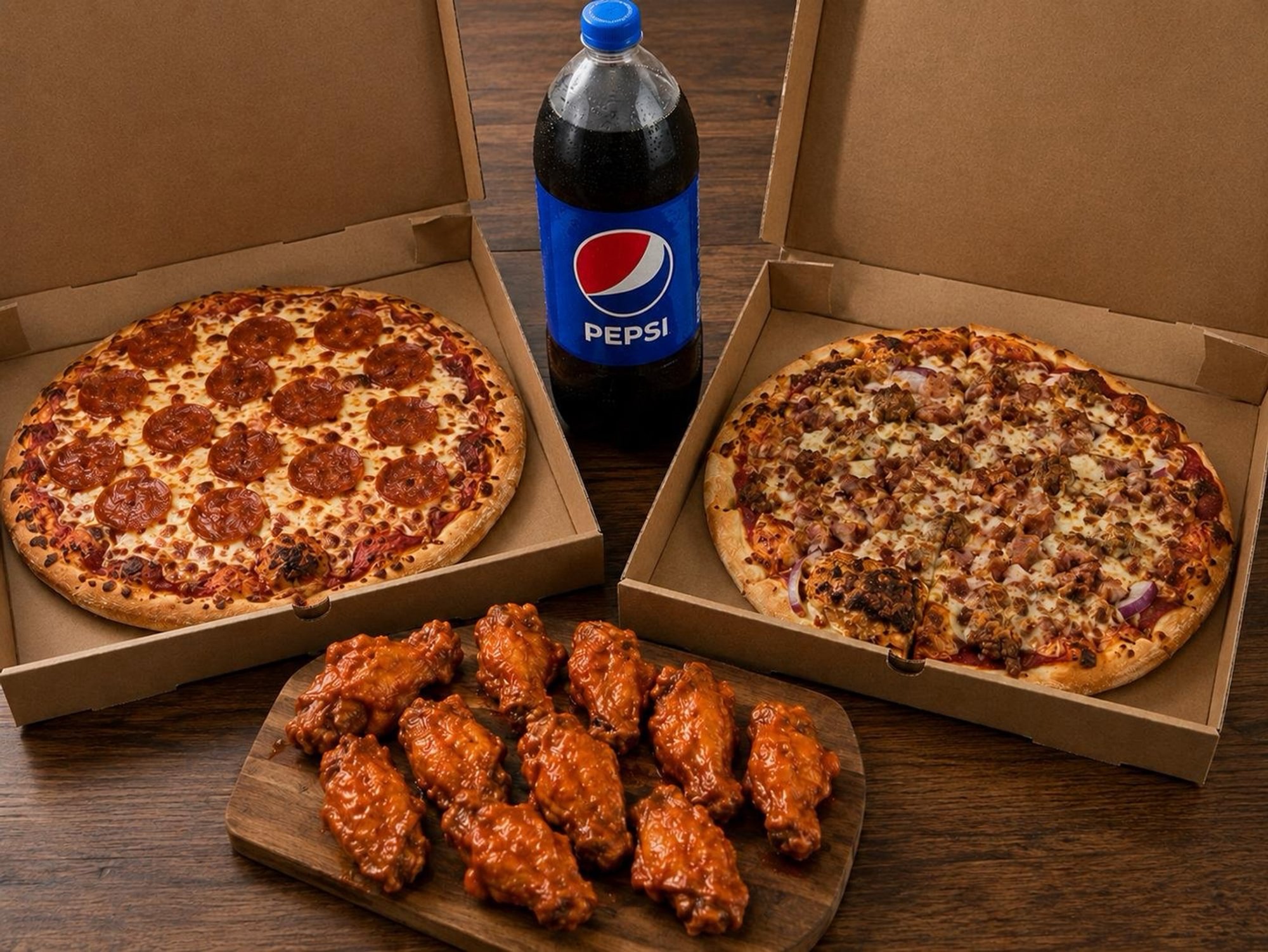 Family Bundle - 2 Large Pizzas, 12 Wings & 2 Liter Soda