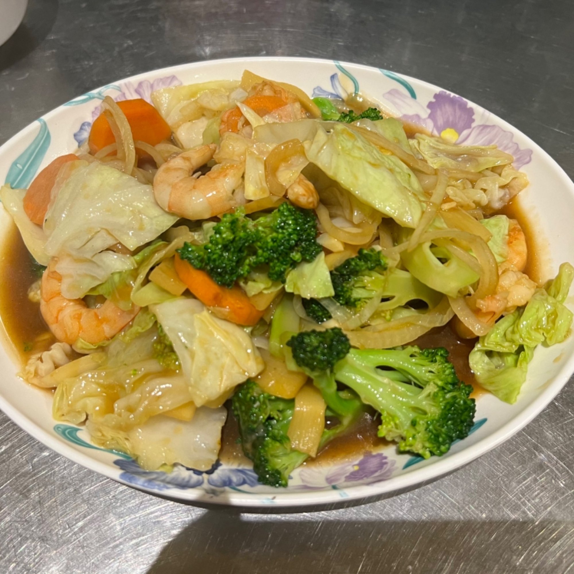 51. Prawn mixed veggie (broccoli, mushroom, bamboo shoots & cabbage) - tôm xào rau