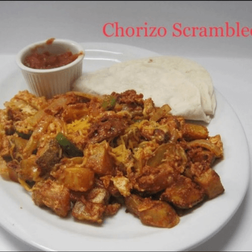 Chorizo Scramble with 3 Flour Tortillas