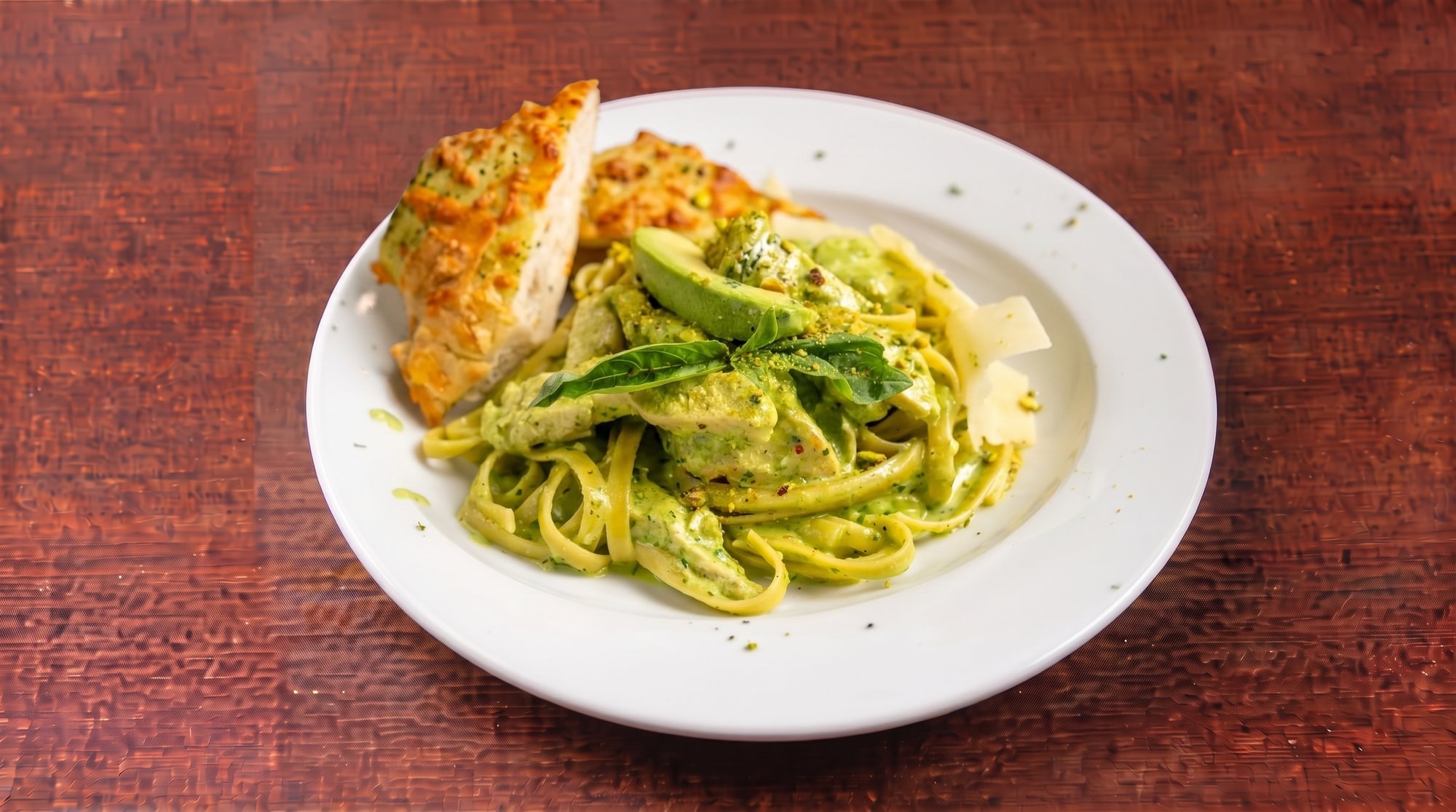 Fettuccine with Chicken & Creamy Avocado Pistachio Sauce