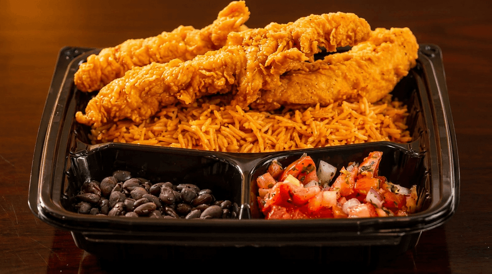 3 Pcs Tenders with Rice, Bean & Salsa