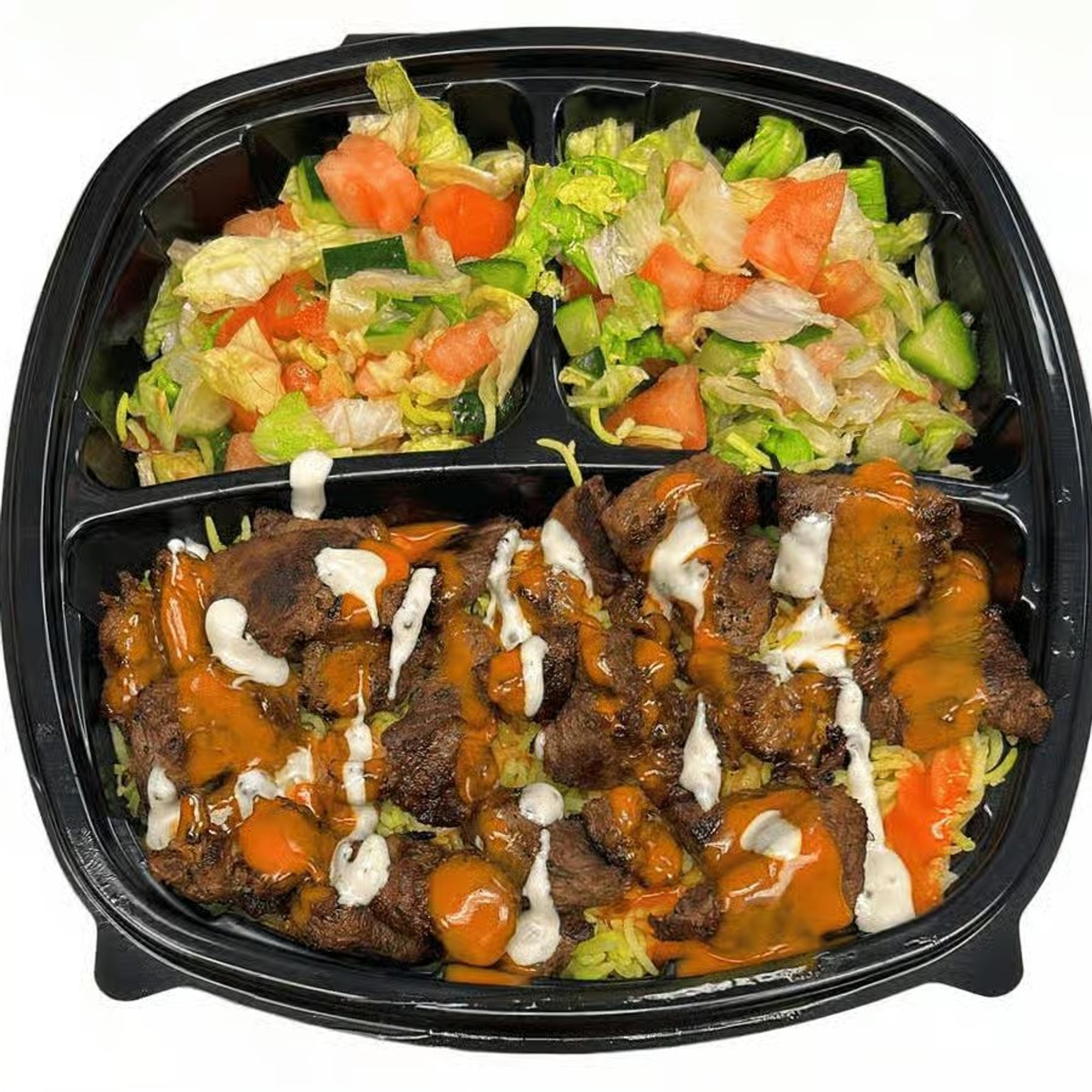 Grilled Lamb on Rice with Salad & Buffalo + Ranch Sauce on the top