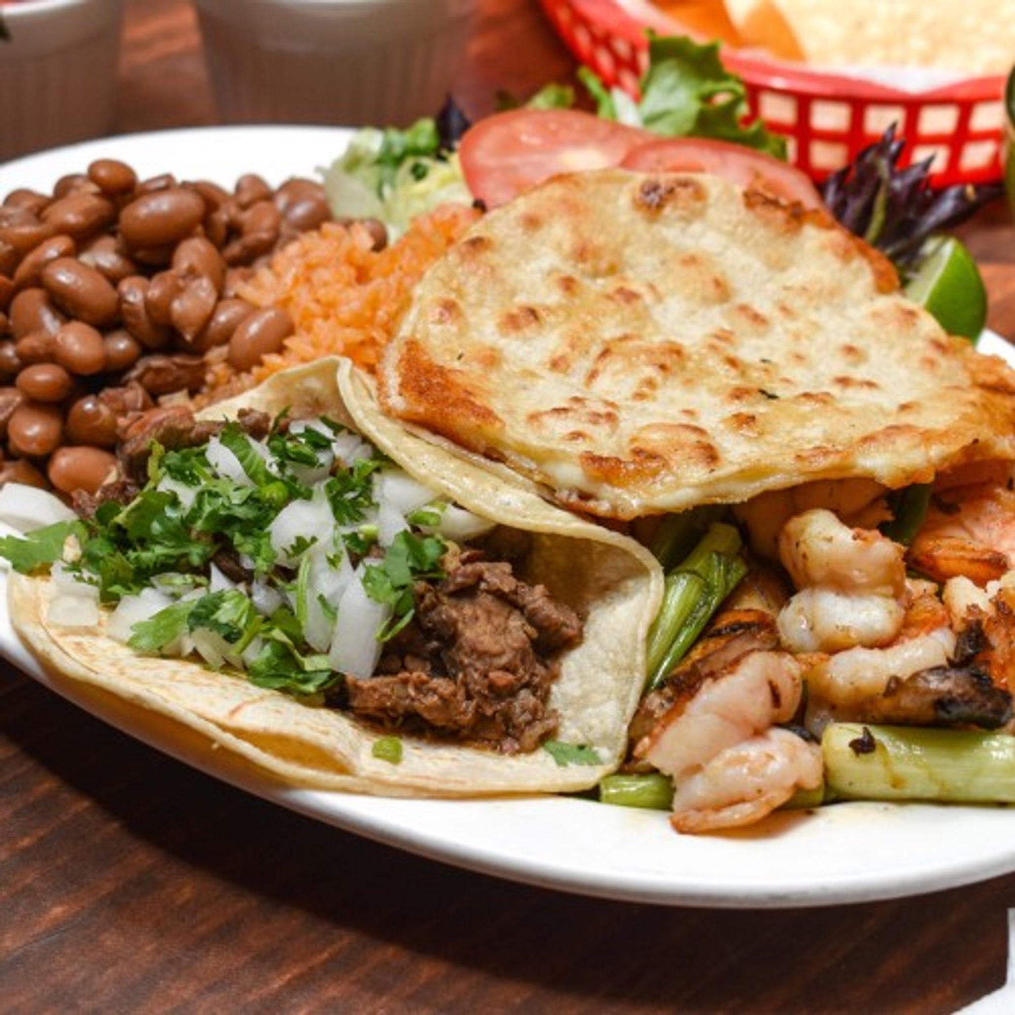 2. Corn Quesadilla, Prawns and Taco Combo Platter