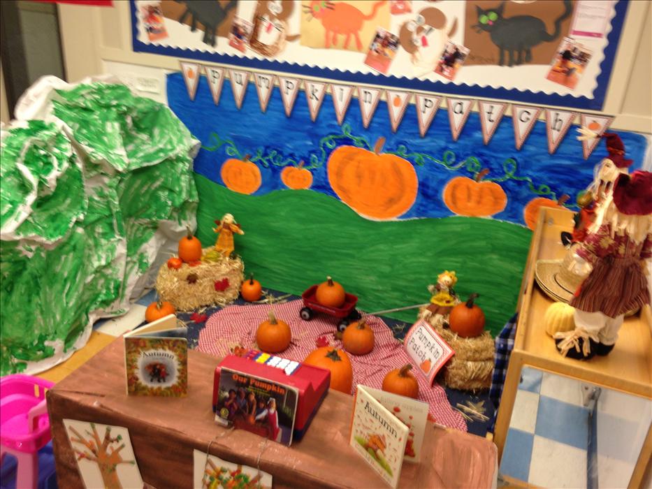 In our center the teachers and children will create new, eduacational and fun learning environments based on the curriculum they will be learning about. This is one example of how they transformed their dramatic play into a pumpkin patch, while exploring pumpkins gords and so much more.