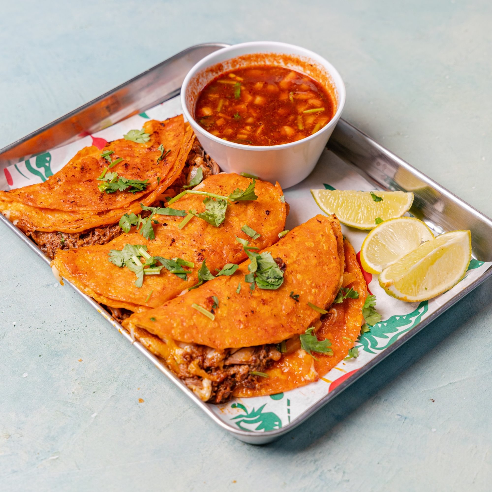 Birria Tacos with Consome (Stewed Beef Tacos with Broth)