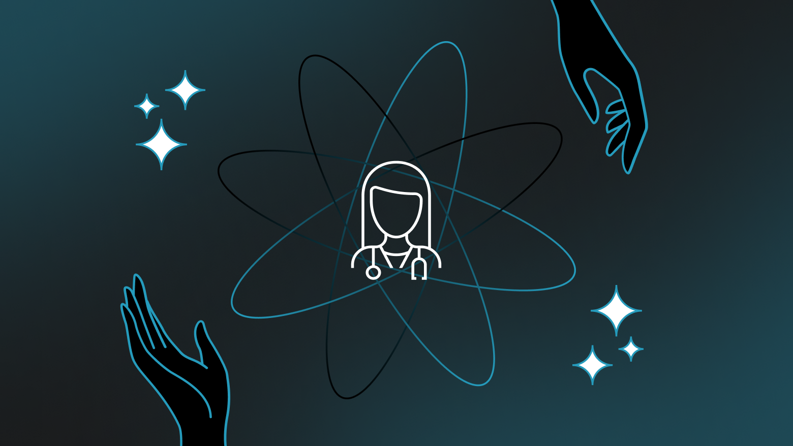 Illustration of a female doctor icon with a stethoscope at the center of orbiting lines resembling an atom, surrounded by two reaching hands and glowing star shapes on a dark gradient background.