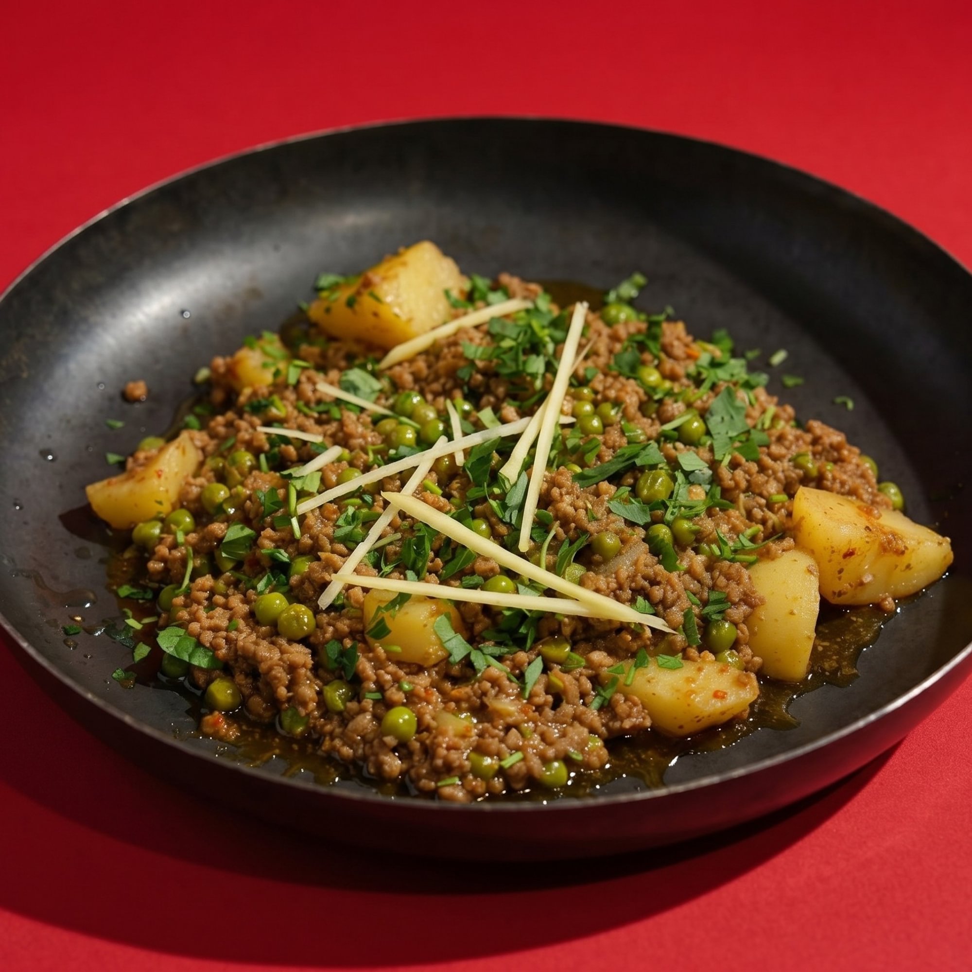 Aloo Mata Qeema (Potatoes, Peas, Ground Meat)